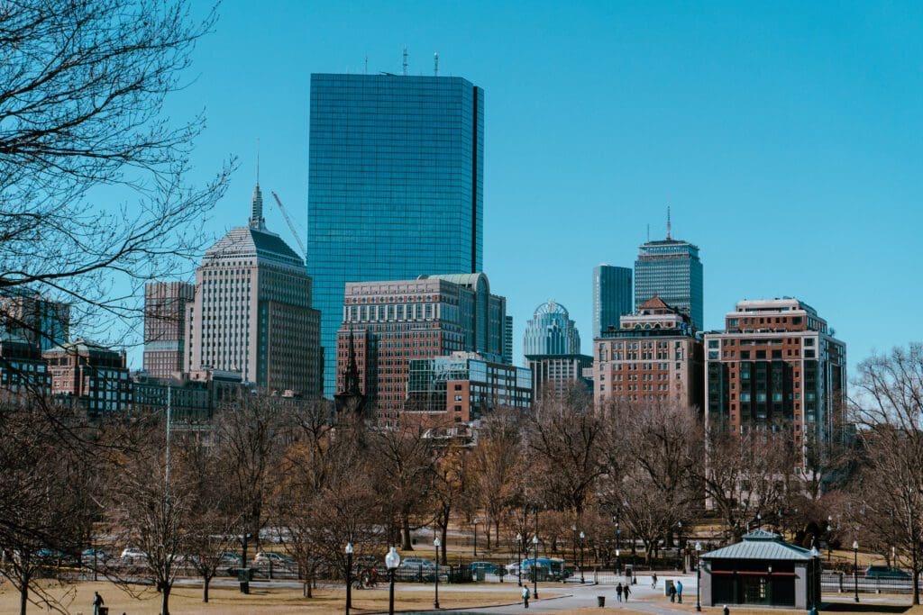 From Boston Common, you can see many skyscapers that dot the Boston sky. 