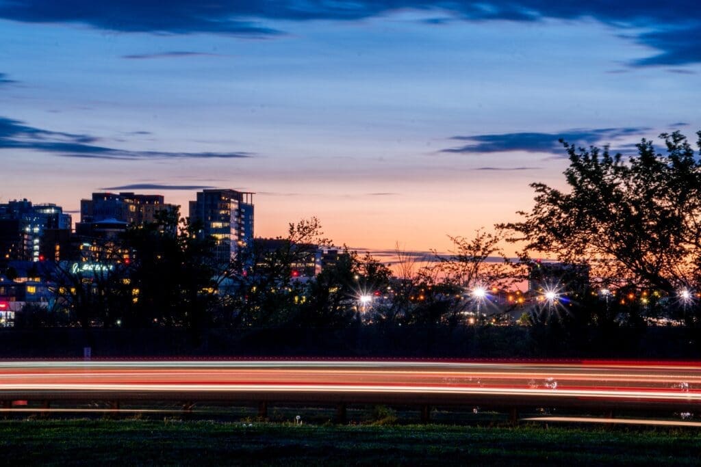 The sun sets across the D.C. skyline.