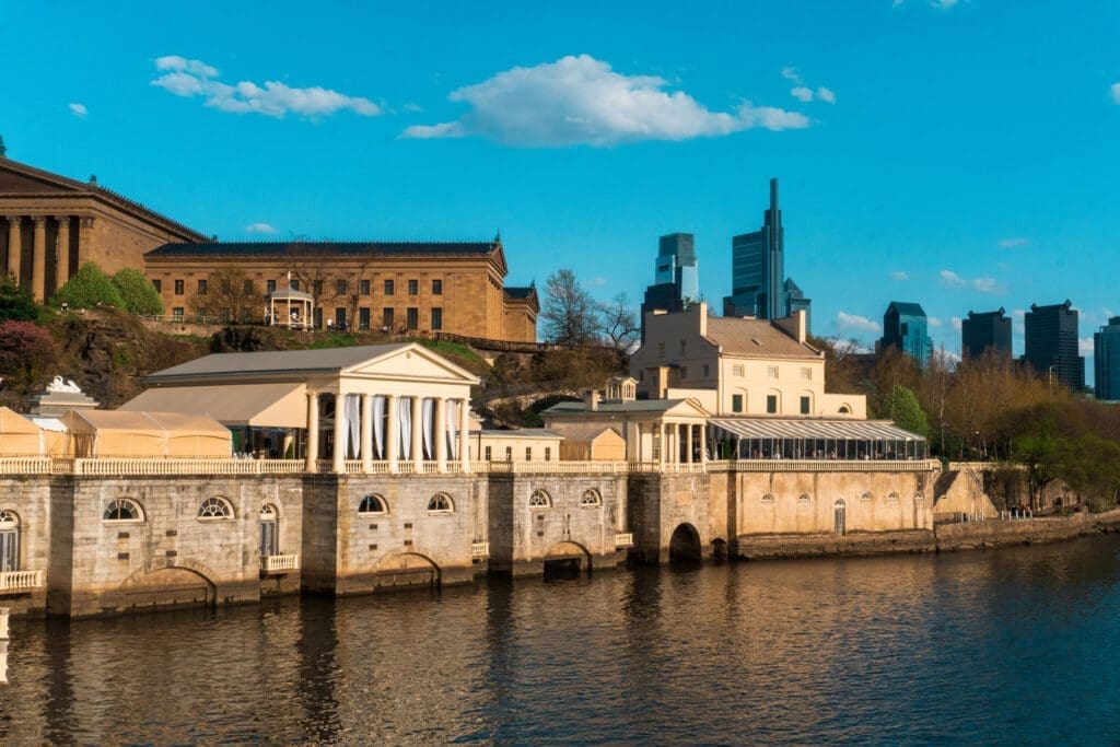 The view from Fairmount Water Works of Boathouse Row and Philly’s Center City skyline. 