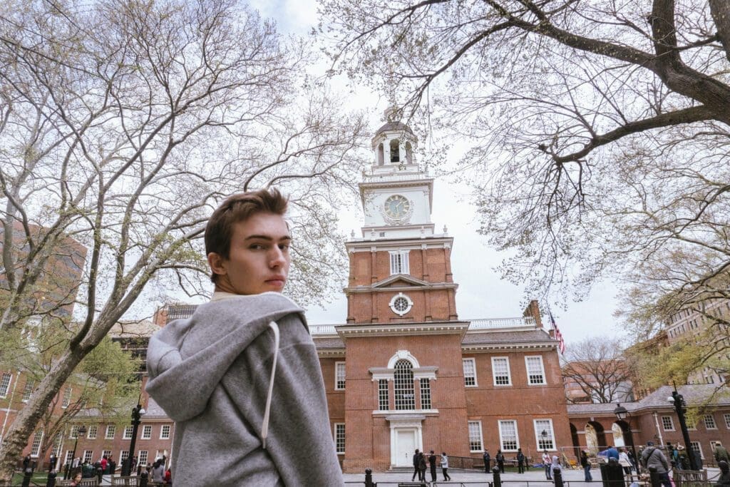 Noah stands infront of Independence Hall during his solo trip. 