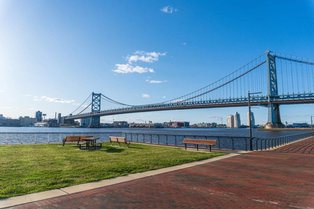 The view of the Benjamin Franklin Bridge from Camden, New Jersey. 