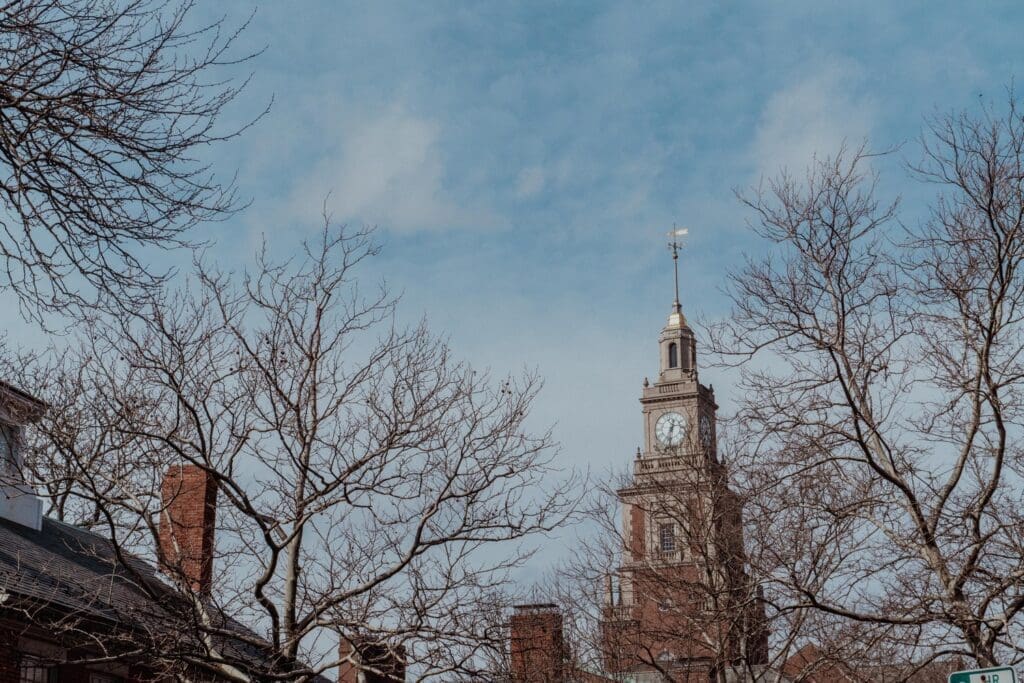 Providence Old State Hall pictured with trees that have no leaves. 