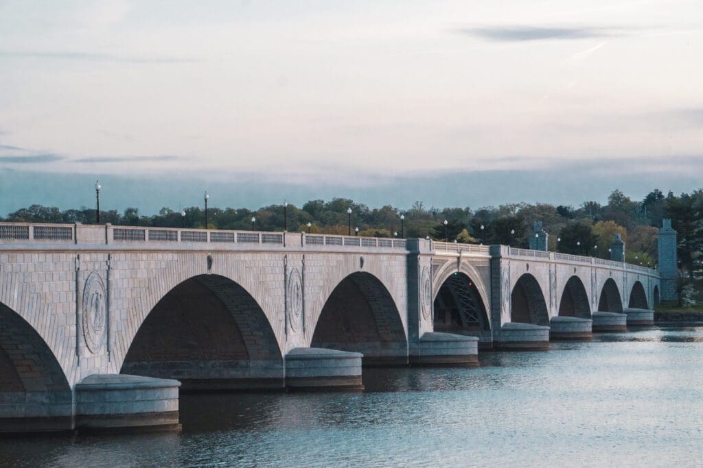 The Arlington Memorial Bridge shimmers as the sunsets in D.C. during a solo trip. 