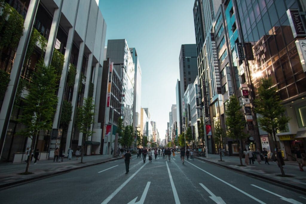 Shoppers walk down Chuo-doru Ave in Ginza. 