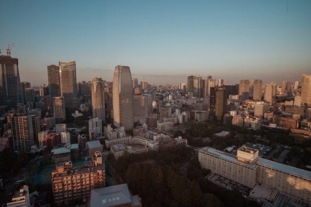 The view of Tokyo from the Tokyo Tower during sunset. 