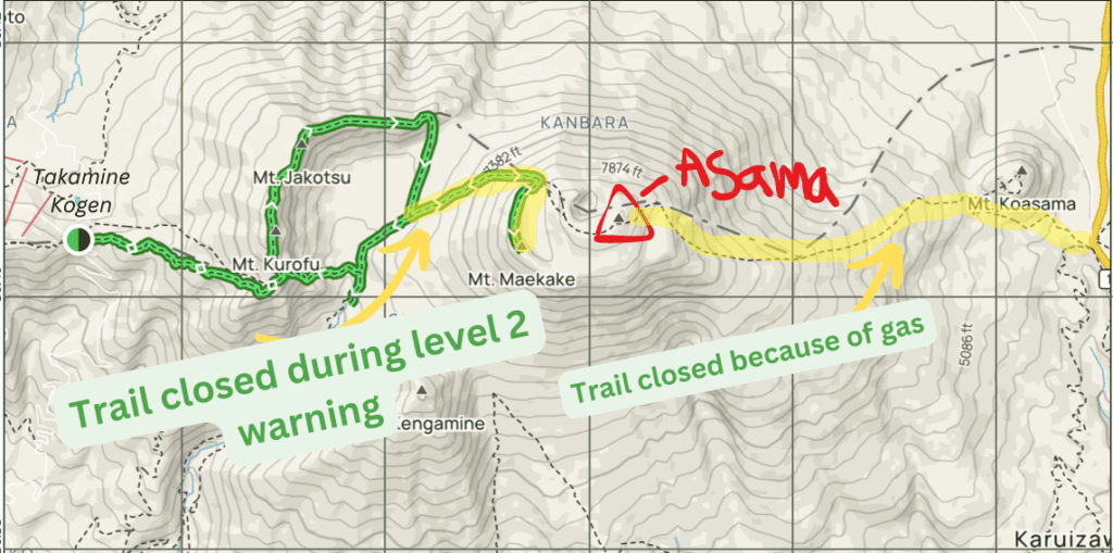 A map of how to hike Mt. Asama. 