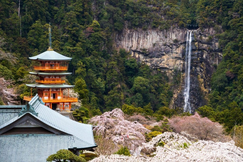 The view of Nachi Falls in Wakayama, Japan.