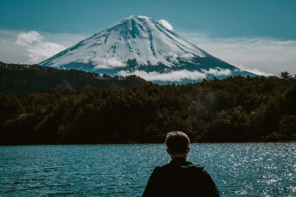 Mount Fuji infront of Lake Saiko in Yamanashi, Japan. 