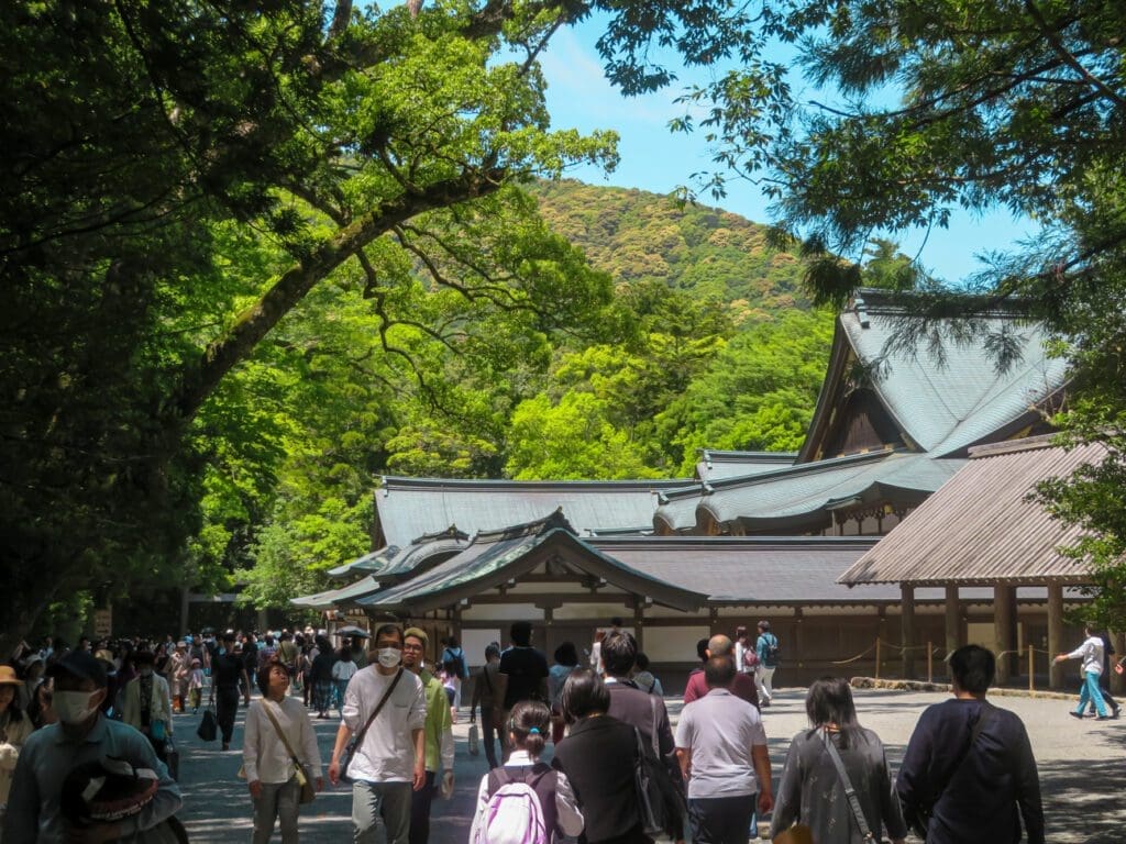 Worshippers entering the inner shrine in Mie, Japan. 