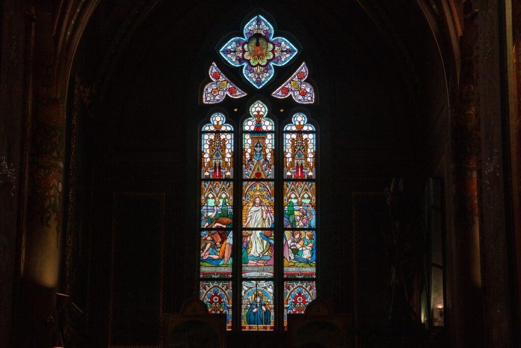 Stained glass work in the Vysehard in Prague.