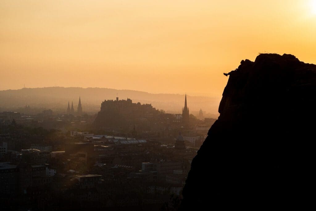 The view of the sunset from Arthur's Seat in Edinburgh