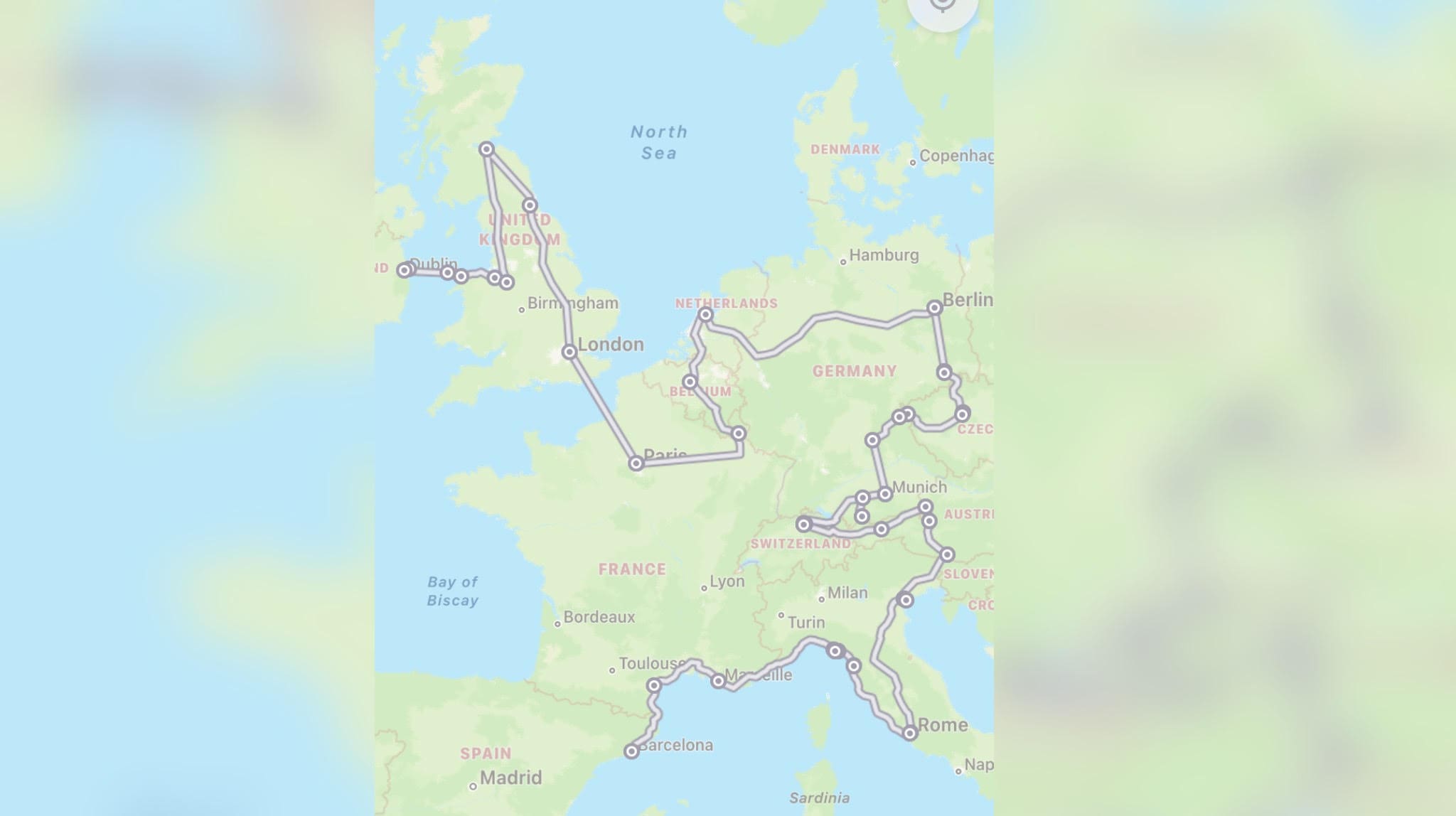 The map of my Europe trip itinerary from the Eurail App.